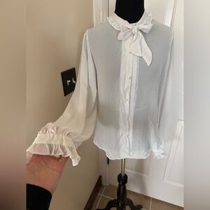 Blouse Vintage Stuart Lang sheer long sleeved shirt size medium white ruffled.